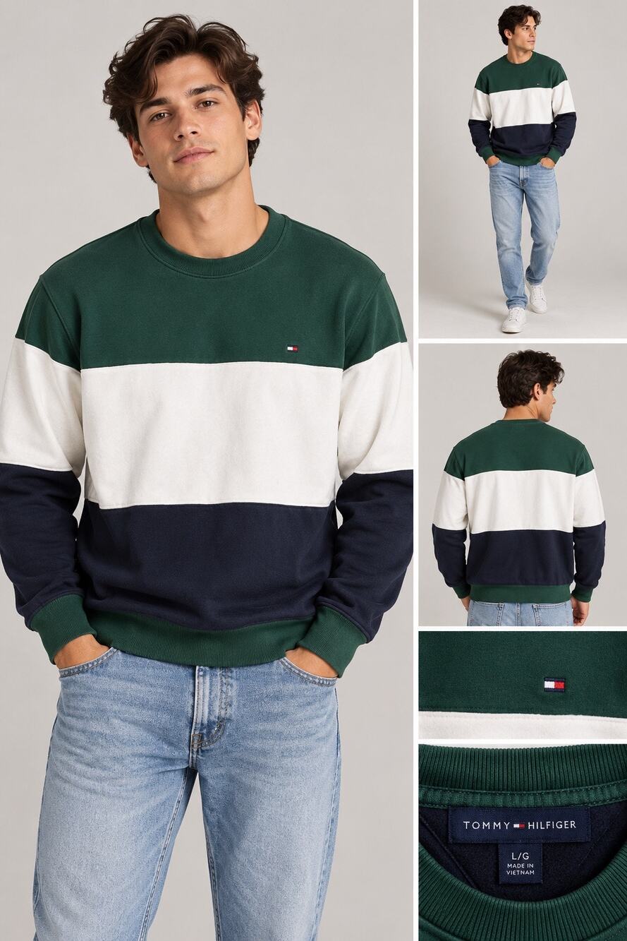 Tommy Hilfiger Dark Green White Navy Colorblock Crewneck Sweater